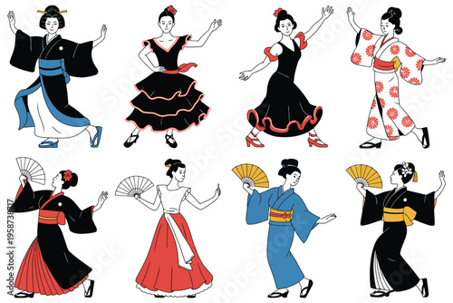 Diverse women cultural dances flat vector illustration set, flamenco dancer and Japanese fan dance, ethnic costumes, multicultural performance, global traditional dance collection