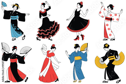 Diverse women cultural dances flat vector illustration set, flamenco dancer and Japanese fan dance, ethnic costumes, multicultural performance, global traditional dance collection