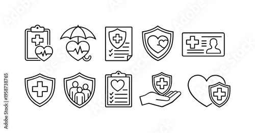 Collection of medical insurance and healthcare protection icons on a white background