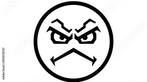 Extremely angry and furious emoji with aggressive eyebrows and downturned mouth with arrows, isolated white background