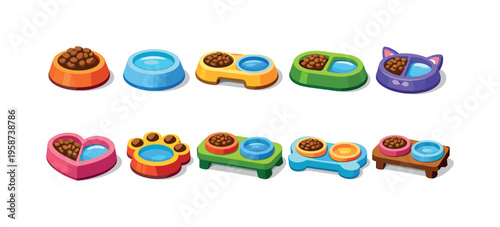 Collection of colorful pet bowls for food and water, including fun shapes