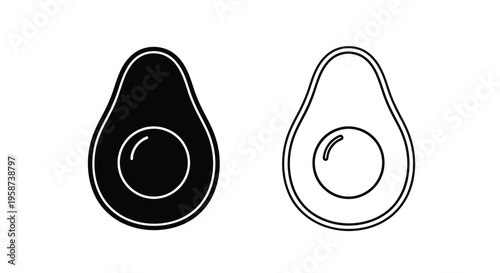 Two avocado illustrations a solid black version and a white outline