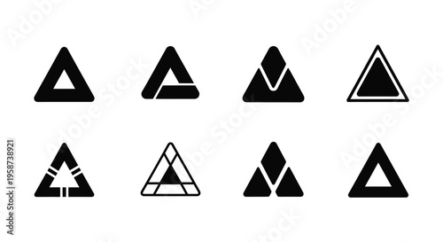 Geometric triangle logo designs in black and white variations shown