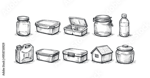 Collection of hand-drawn containers including jars, bottles, and lunch boxes