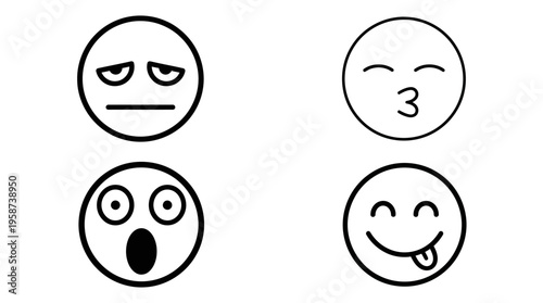 Diverse Set of Four Line Art Emojis Expressing Anger, Kiss, Surprise, and Playfulness on Isolated White Background