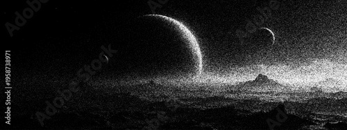 Space landscape with planets and moon in stipple art style. Surreal futuristic horizon with mountain silhouette. Monochrome dotted aesthetic for abstract celestial science background.