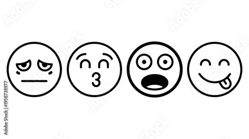 Diverse Set of Four Line Art Emojis Expressing Anger, Kiss, Surprise, and Playfulness on Isolated White Background