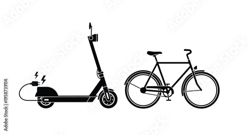 Electric scooter and bicycle side by side in a black and white illustration