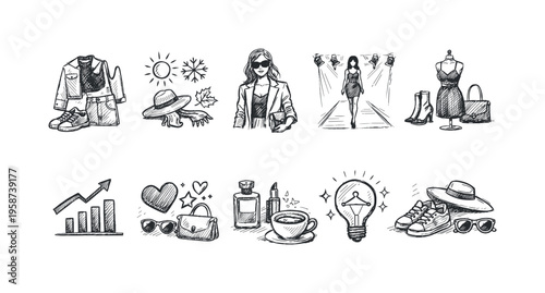 Fashion and lifestyle doodles showcasing outfits, accessories, and inspiration