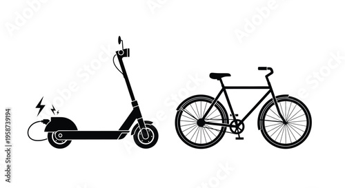 Electric scooter and bicycle depicted in a simple black and white illustration