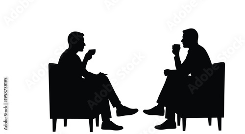 Two men in suits sit facing each other with coffee cups