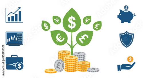 Financial growth concept with currency symbols charts and a piggy bank