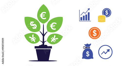 Financial growth concept with plant currency symbols and economic indicators