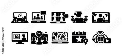 Diverse digital icons representing online activities and events