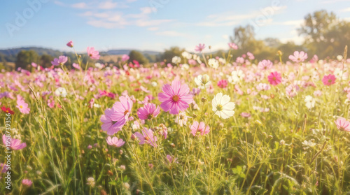 Vibrant Wildflower Meadow Under a Bright Blue Sky with Lush Greenery