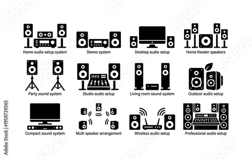 Collection of audio system icons representing different setups and sound equipment