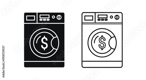 Two washing machine icons one filled one outlined in black and white
