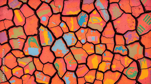 Cracked abstract surface with vibrant painted fragments creating a colorful mosaic effect