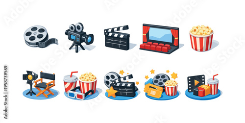 Collection of cinematic icons representing movie production and viewing experiences