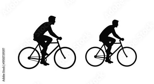 Silhouettes of two cyclists riding bicycles side by side on a white background