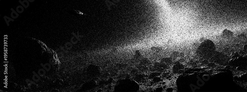 Space stipple background with dark rock and glowing light. Distant planet surface with crater and cosmic dust. Hand drawn dotwork illustration of mysterious galaxy for science fiction.