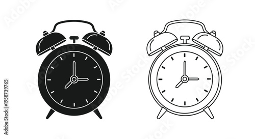 Two alarm clocks one solid black one outline showing ten past nine