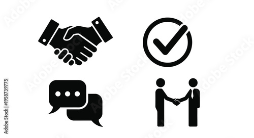 Black icons depicting a handshake checkmark speech bubble and people