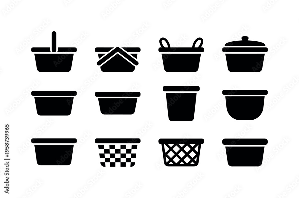 Fototapeta premium Collection of diverse basket and container icons in solid black silhouette
