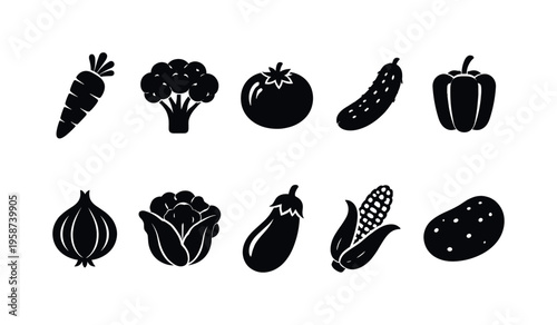 Collection of black vegetable icons on a white background for design