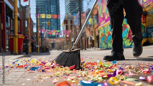 Vibrant Street Cleaner Sweeping Colorful Confetti After a Festive Celebration