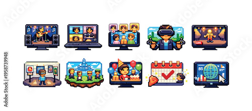 Collection of pixel art icons representing various virtual events and online activities