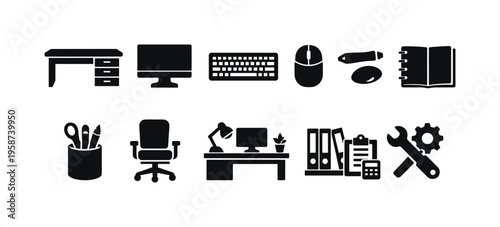 Collection of office and work-related icons on a white background