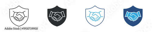 Trust partnership and secure agreement icon set. Handshake shield, business protection and reliable collaboration concept. Vector illustration.