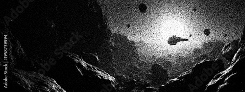 Spaceship flying above alien planet surface with stipple effect. Sci-fi landscape with craters and stars. Cosmic scene background created with dot illustration technical art style.