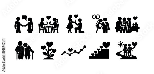 Collection of relationship and love icons depicting various stages of life and connection