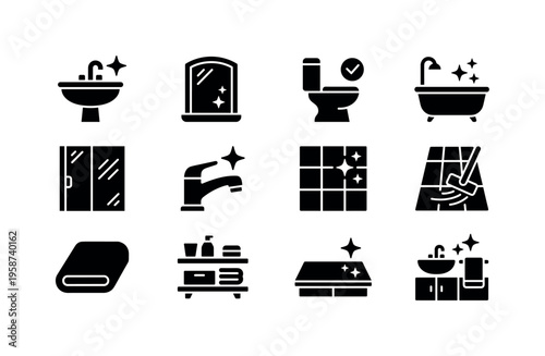 Collection of clean bathroom icons representing hygiene and maintenance tasks