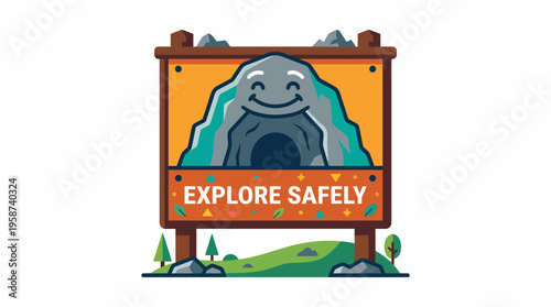 Vibrant illustration depicting a cheerful cave entrance on a rustic wooden sign, promoting safe exploration and outdoor adventure in a friendly natural landscape