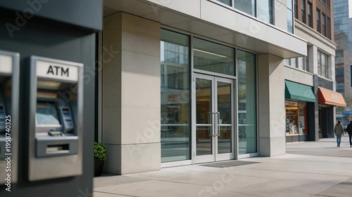 Medium shot of a downtown retail bank exterior with clear signage and glass doors the ATM zone visible but softly blurred in the foreground.