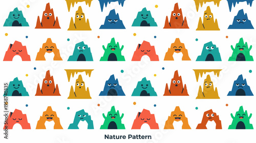 Colorful and whimsical nature pattern featuring expressive cartoon mountains and cave formations, perfect for children's designs or fun backgrounds for various creative projects