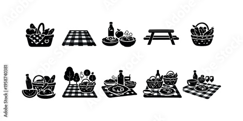 Collection of picnic icons featuring baskets, food, and checkered blankets