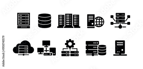 Collection of server and data icons representing cloud computing and network infrastructure