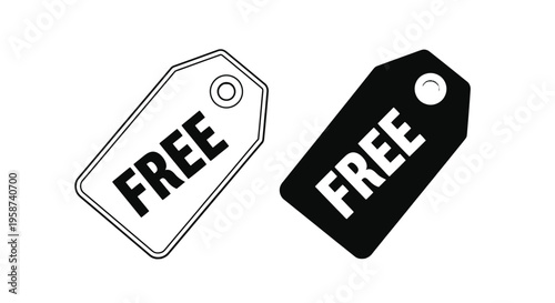 Two price tags, one outlined and one solid black, feature the word "FREE" prominently displayed diagonally across their surfaces, indicating promotional value or zero cost.