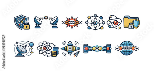 Collection of science and technology icons representing communication, security, and research