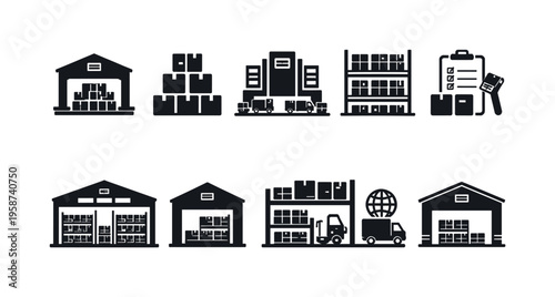 Collection of warehouse and logistics icons representing shipping, delivery, and storage operations