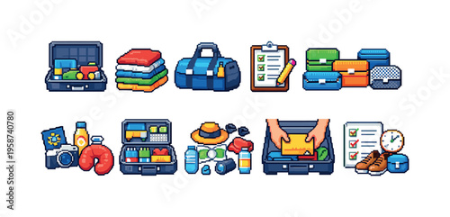 Pixel art collection of travel essentials and packing items for a trip