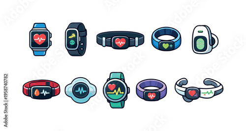 Collection of modern wearable fitness trackers and smartwatches with health monitoring features