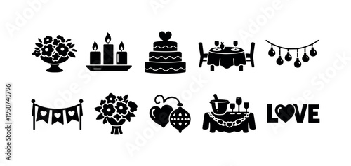 Collection of romantic wedding and celebration icons in black and white