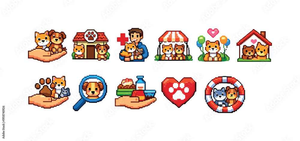 Naklejka premium Cute pixel art collection of dogs and cats in various caring and playful scenarios