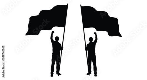 Silhouettes of two protestors holding large, wavy black flags aloft with raised fists symbolize collective action, protest, or political demonstration against a bright.