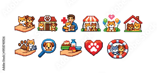 Cute pixel art collection of dogs and cats in various caring and playful scenarios